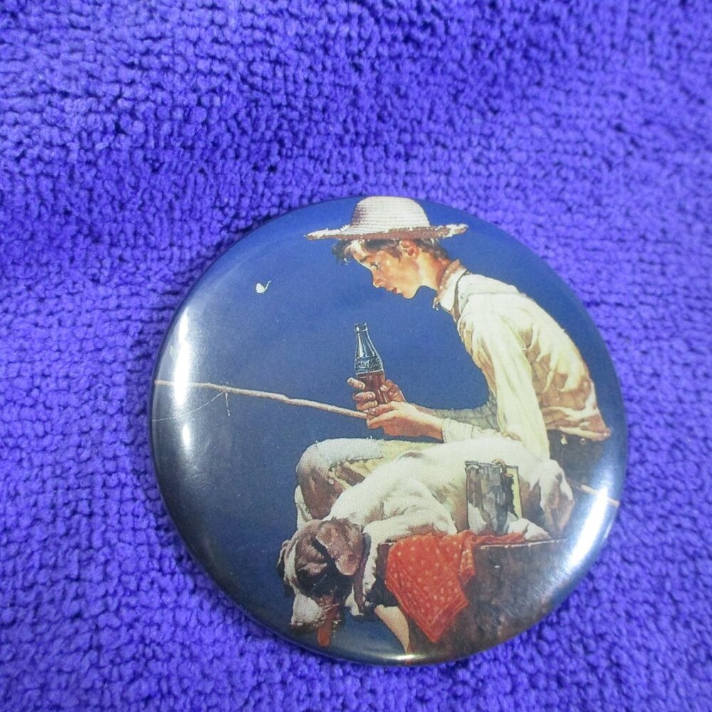Vintage 1991 Coca-Cola Wrap Around a Round Pocket Mirror of Boy Fishing